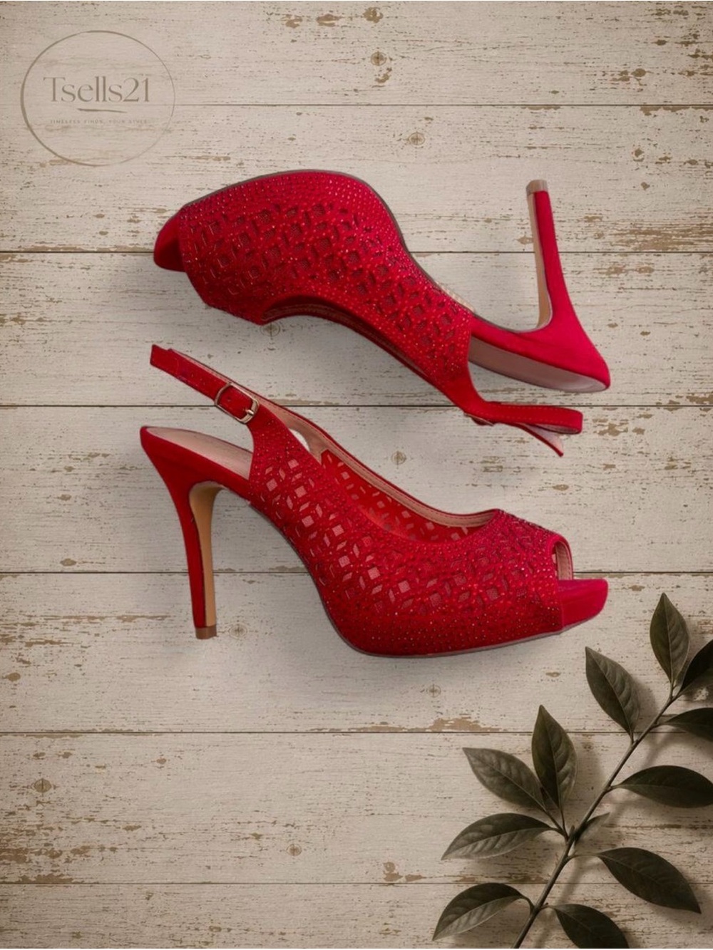 Dream Pairs Red Rhinestone Mesh Peep-Toe Platform Slingback Heels - Size 9